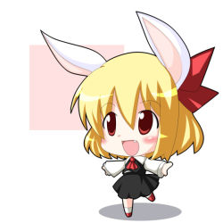 Rule 34 | 1girl, animal ears, ascot, blonde hair, blush, chibi, embodiment of scarlet devil, fang, female focus, kemonomimi mode, outstretched arms, r pascal, rabbit ears, red eyes, rumia, short hair, solo, spread arms, standing, touhou