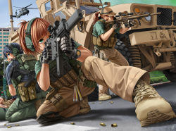 Rule 34 | 1boy, 2girls, absurdres, action, aiming, aircraft, assault rifle, backpack, bag, battle rifle, black hair, blood, boots, brown eyes, building, chinese text, city, crosswalk, dated, foreshortening, gloves, glowstick, green eyes, gun, h&amp;k hk416, handgun, hat, headset, heckler &amp; koch, helicopter, highres, holster, humvee, injury, jpc, knee pads, kneeling, kriss super v, kriss vector, load bearing vest, long hair, looking back, m4 carbine, magazine (weapon), military, military operator, military truck, military vehicle, motor vehicle, multiple girls, on one knee, original, pistol, radio, rifle, road, road sign, scope, shadow, shell casing, short hair, shouting, sign, signature, sleeves rolled up, sniper rifle, street, submachine gun, taiwan, thigh holster, truck, uh-60 blackhawk, vehicle, walkie-talkie, war, watch, weapon, wristwatch