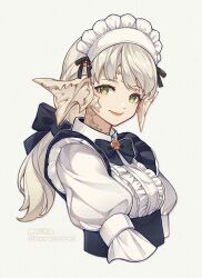 Rule 34 | 1girl, 9yuki, au ra, black bow, black bowtie, blonde hair, bow, bowtie, brooch, collared shirt, cropped torso, dragon girl, dragon horns, final fantasy, final fantasy xiv, frilled shirt, frills, from side, green eyes, hair bow, happy birthday, highres, horns, jewelry, long hair, looking at viewer, low ponytail, maid, maid headdress, ponytail, scales, shirt, simple background, smile, solo, upper body, warrior of light (ff14), white background, white shirt