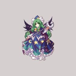 Rule 34 | 1girl, blue headwear, blue shirt, blue skirt, closed mouth, full body, ghost tail, green eyes, green hair, grey background, holding, holding staff, long hair, long sleeves, looking at viewer, mima (touhou), pixel art, shirt, simple background, skirt, smile, solo, staff, star (symbol), touhou, touhou (pc-98), touhou mystia&#039;s izakaya, wings, youzikk