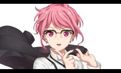 Rule 34 | 1girl, aya shachou, bang dream!, black-framed eyewear, black necktie, finger to own chin, glasses, highres, holding, holding clothes, holding jacket, jacket, jacket over shoulder, unworn jacket, letterboxed, looking at viewer, maruyama aya, necktie, parted lips, pink hair, shirt, short hair, simple background, solo, upper body, white background, white shirt