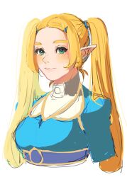 Rule 34 | 1girl, alternate costume, blue shirt, closed mouth, commentary request, eorinamo, hair ornament, hairclip, highres, korean commentary, long hair, nintendo, parted bangs, pointy ears, princess zelda, shirt, solo, the legend of zelda, the legend of zelda: tears of the kingdom, twintails, upper body, white background