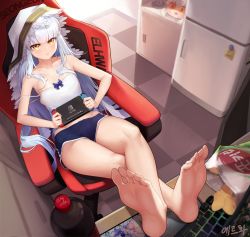 Rule 34 | 1girl, absurdres, bare legs, bare shoulders, barefoot, blue hair, blue shorts, blush, bottle, camisole, chair, character request, checkered floor, chips (food), commentary, commission, feet, food, foreshortening, full body, gaming chair, handheld game console, highres, holding, holding handheld game console, indoors, long hair, looking at viewer, nintendo switch, potato chips, sbbs, shorts, sitting, soles, solo, strap slip, swivel chair, toes, unleashed, very long hair, yellow eyes