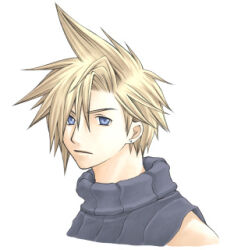 Rule 34 | 1boy, blonde hair, blue eyes, blue sweater, cloud strife, cropped shoulders, earrings, expressionless, final fantasy, final fantasy vii, jewelry, looking at viewer, lowres, male focus, rendezvous, simple background, sleeveless, sleeveless sweater, sleeveless turtleneck, solo, spiked hair, stud earrings, sweater, turtleneck, turtleneck sweater, upper body, white background