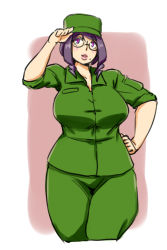 Rule 34 | 1girl, glasses, highres, lips, military, military uniform, mole, original, purple eyes, purple hair, short hair, simple background, stand, teatime (mike), thick thighs, thighs, uniform