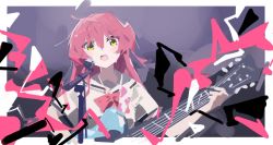 Rule 34 | 1girl, bocchi the rock!, bow, green eyes, guitar, hair between eyes, highres, instrument, kita ikuyo, long hair, music, one side up, open mouth, playing instrument, red bow, red hair, sailor collar, school uniform, shinnasuka025, shirt, solo, white sailor collar