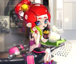 Rule 34 | 1girl, amatya, bike shorts, black shirt, black shorts, blue eyes, blush, cat, cephalopod eyes, cup, diffraction spikes, disposable cup, drinking, emblem, eyes visible through hair, hair ornament, hair up, holding, holding cup, holding towel, ink tank (splatoon), inkling (language), judd (splatoon), lens flare, li&#039;l judd (splatoon), light blush, light particles, nail polish, nintendo, octoling, octoling girl, octoling player character, octoshot (splatoon), pillow, pointy ears, purple background, purple footwear, red hair, red nails, shirt, shoes, short hair, short ponytail, shorts, single vertical stripe, sitting, splatoon (series), splatoon 2, squid, suction cups, sweat, tank top, tentacle hair, towel, wiping face