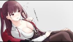 Rule 34 | 1girl, black skirt, breasts, brown hair, brown pantyhose, check translation, cleavage, collarbone, collared shirt, commander (girls&#039; frontline), commentary, dress shirt, flying sweatdrops, girls&#039; frontline, grey background, grey shirt, griffin &amp; kryuger military uniform, highres, jacket, keenh, long hair, medium breasts, necktie, one side up, open clothes, open shirt, pantyhose, red eyes, red jacket, red neckwear, shirt, simple background, skirt, solo focus, striped clothes, striped shirt, translation request, vertical-striped clothes, vertical-striped shirt, wa2000 (girls&#039; frontline)