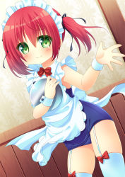 Rule 34 | 1girl, apron, blush, garter straps, green eyes, highres, long hair, maid, maid headdress, natsuka (unagi-unagi-unagi), one-piece swimsuit, original, outstretched hand, red hair, ribbon, school swimsuit, smile, solo, swimsuit, thighhighs, tray, twintails, white thighhighs, wrist cuffs