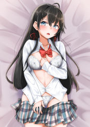 Rule 34 | :o, absurdres, ahoge, black hair, blouse, blue eyes, blush, bow, bowtie, bra, braid, breasts, clenched hand, clothes pull, cowboy shot, embarrassed, flower print, from above, hair between eyes, hair ribbon, hand on own chest, highres, long hair, long sleeves, looking at viewer, lying, medium breasts, navel, on back, on bed, open clothes, open mouth, open shirt, panties, partially unbuttoned, plaid, plaid skirt, pleated skirt, print bra, print panties, red bow, red bowtie, red ribbon, ribbon, shirt, skirt, skirt pull, straight hair, underwear, white bra, white panties, white shirt, yahari ore no seishun lovecome wa machigatteiru., yukinoshita yukino