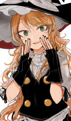 Rule 34 | 1girl, bad id, bad twitter id, black gloves, black hat, black nails, black vest, blonde hair, bow, braid, buttons, earrings, fingerless gloves, frilled hat, frills, gloves, green eyes, hair between eyes, hair bow, hat, hat bow, highres, jewelry, kirisame marisa, long hair, looking at viewer, nail polish, necro (nekurodayo), open mouth, puffy short sleeves, puffy sleeves, shirt, short sleeves, side braid, simple background, single braid, smile, solo, touhou, upper body, vest, wavy hair, white background, white bow, white shirt, witch hat