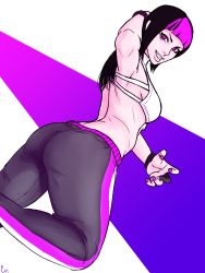 Rule 34 | 1girl, alternate costume, alternate hairstyle, ass, chris re5, evil grin, evil smile, grin, hair down, han juri, highres, looking at viewer, multicolored hair, nail polish, pants, pink nails, smile, solo, street fighter, street fighter v, tight clothes, tight pants, toned, two-tone hair