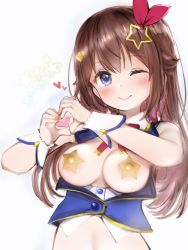 Rule 34 | 1girl, absurdres, blue eyes, blue vest, breasts, breasts out, brown hair, collared shirt, covered erect nipples, cropped shirt, cropped vest, diamond hair ornament, hair ornament, hair ribbon, heart, heart hands, highres, hololive, long hair, medium breasts, nanashi (nlo), neck ribbon, one eye closed, pasties, red ribbon, ribbon, shirt, simple background, sleeveless, sleeveless shirt, solo, star (symbol), star hair ornament, star pasties, tokino sora, tokino sora (1st costume), vest, virtual youtuber, white shirt, wrist cuffs