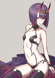 Rule 34 | 1girl, bare shoulders, breasts, collarbone, emoshon, eyes visible through hair, fate/grand order, fate (series), grey background, highres, horns, jewelry, light smile, looking at viewer, medium hair, navel, parted lips, petite, purple eyes, purple hair, shuten douji (fate), shuten douji (first ascension) (fate), simple background, skin-covered horns, small breasts, solo
