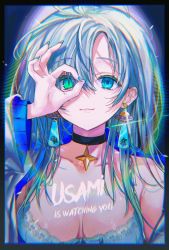 Rule 34 | 1girl, aqua nails, black choker, blue eyes, breasts, character name, choker, closed mouth, commentary request, earrings, english text, glowing, glowing eye, green eyes, hand up, highres, jewelry, large breasts, long hair, long sleeves, looking at viewer, nail polish, nekoyashiki pushio, ok sign, ok sign over eye, original, solo, upper body, white hair