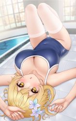 Rule 34 | 1girl, absurdres, blonde hair, blush, breasts, brown eyes, cleavage, fukuro daizi, genshin impact, hair ornament, highres, huge breasts, large breasts, looking at viewer, lumine (genshin impact), lying, on back, one-piece swimsuit, open mouth, school swimsuit, short hair, solo, swimsuit, thighhighs, white thighhighs
