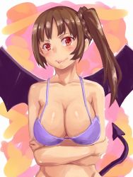 Rule 34 | 1girl, :p, arios (orochi yuta), bare shoulders, breasts, brown hair, cleavage, crossed arms, demon girl, demon tail, demon wings, highres, large breasts, looking at viewer, original, red eyes, side ponytail, smile, solo, tail, tongue, tongue out, wings