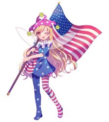 Rule 34 | 1girl, ;d, american flag, american flag dress, american flag legwear, blonde hair, clownpiece, dress, fairy wings, full body, hat, highres, jester cap, long hair, looking at viewer, nig 18, one eye closed, open mouth, pantyhose, polka dot, red eyes, short dress, short sleeves, smile, solo, standing, star (symbol), striped, touhou, transparent background, very long hair, wings