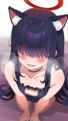 Rule 34 | 1girl, all fours, animal ear fluff, animal ears, aroused, black bra, black choker, black hair, blue archive, blush, bra, breasts, cat cutout, cat ears, cat girl, cat lingerie, choker, cleavage cutout, clothing cutout, hair over eyes, halo, heavy breathing, justice task force member (blue archive), long hair, looking at viewer, meme attire, mokyutan, open mouth, small breasts, smile, solo, underwear, underwear only, very long hair