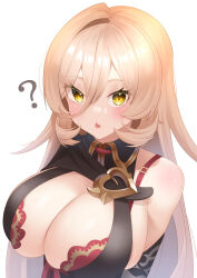 Rule 34 | 1girl, ?, absurdres, black dress, blonde hair, bra, breasts, chestnut mouth, cleavage, collared dress, curly hair, dress, eyelashes, fang, flipped hair, hair between eyes, highres, large breasts, light blush, long hair, looking at viewer, nijisanji, nui sociere, nui sociere (1st costume), open mouth, red bra, revealing clothes, seele0907, shoulder blush, simple background, single bare shoulder, skin fang, solo, underwear, upper body, virtual youtuber, white background, yellow eyes