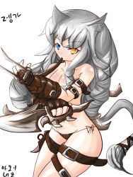 Rule 34 | 1girl, animal ears, bad id, bad pixiv id, black panties, blue eyes, blush, braid, breasts, cat ears, cat tail, censored, claw (weapon), convenient censoring, dual wielding, fingerless gloves, genderswap, genderswap (mtf), gloves, glowing, glowing eye, heterochromia, highres, holding, league of legends, long hair, mahoy, mouth hold, orange eyes, panties, personification, rengar, reverse grip, ribbon, side-tie panties, silver hair, spikes, sword, tail, tail ornament, tail ribbon, thigh strap, topless, underwear, weapon