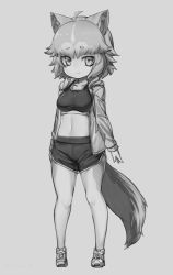 Rule 34 | 1girl, animal ears, blush, breasts, closed mouth, dog (mixed breed) (kemono friends), dog ears, dog tail, full body, greyscale, kemono friends, looking at viewer, medium breasts, monochrome, multicolored hair, navel, nyifu, shoes, short hair, shorts, smile, sneakers, solo, sports bra, tail