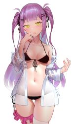 Rule 34 | 1girl, absurdres, bad id, bad pixiv id, bikini, blush, breasts, collarbone, fabit s, front-tie top, green eyes, hair ornament, hairclip, hand up, highres, hololive, long hair, long sleeves, looking at viewer, lowleg, lowleg bikini, multicolored hair, multicolored nails, nail polish, navel, open clothes, open mouth, open shirt, purple hair, see-through, side-tie bikini bottom, simple background, single thighhigh, small breasts, stomach, swimsuit, thighhighs, tokoyami towa, twintails, virtual youtuber, white background