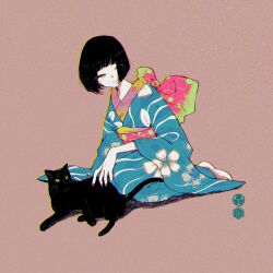 Rule 34 | 1girl, asagiwa ico, black cat, black hair, cat, hair over one eye, highres, japanese clothes, kimono, original, short hair