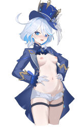 Rule 34 | 1girl, absurdres, blue eyes, blue hair, blue hat, blue jacket, blush, breasts, cropped legs, female pubic hair, furina (genshin impact), genshin impact, gloves, grey hair, hair between eyes, hat, heterochromia, highres, inverted nipples, jacket, lcy bingzi, long sleeves, looking at viewer, medium breasts, mismatched pupils, multicolored hair, navel, nipples, open clothes, open jacket, open mouth, pubic hair, short hair, shorts, simple background, solo, stomach bulge, thigh strap, top hat, white background, white gloves, white shorts