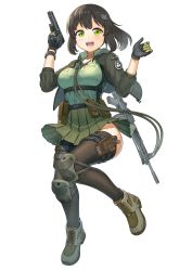 Rule 34 | 1girl, :d, absurdres, ammunition belt, assault rifle, bad id, bad twitter id, black gloves, black thighhighs, boots, breasts, collarbone, collared shirt, cross-laced footwear, full body, gloves, green eyes, green shirt, green skirt, gun, hair ornament, handgun, highres, holding, holding gun, holding weapon, holster, howa type 89, knee pads, leg up, looking at viewer, medium breasts, no panties, open mouth, original, pistol, pleated skirt, revision, rifle, shiono fuyu, shirt, sig p220/p226, sig sauer, sig p220/p226, simple background, skirt, smile, solo, thighhighs, trigger discipline, weapon, white background, wing collar