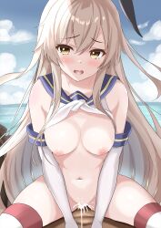 Rule 34 | 1boy, 1girl, alternate breast size, animal ears, blonde hair, blue sailor collar, breasts, cowgirl position, cum, cum in pussy, elbow gloves, gloves, hetero, highres, kantai collection, long hair, looking at viewer, medium breasts, navel, no pants, ocean, open mouth, rabbit ears, sailor collar, school uniform, serafuku, sex, shamu (helix), shimakaze (kancolle), smile, straddling, striped clothes, striped thighhighs, thighhighs, vaginal, white gloves, white serafuku, yellow eyes