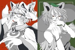 2girls animal_ears artist_name breasts collarbone commentary_request fangs fox_ears fox_girl fox_tail futatsuiwa_mamizou glasses green_background hat highres large_breasts leaf leaf_on_head medium_breasts medium_hair mob_cap monochrome multiple_girls open_mouth raccoon_ears raccoon_girl raccoon_tail red_background red_eyes sharp_teeth simple_background soretsu_nitohei tail teeth touhou upper_body yakumo_ran yellow_eyes