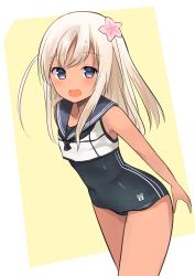 Rule 34 | 10s, 1girl, absurdres, bad id, bad twitter id, blonde hair, blue eyes, crop top, flower, hair flower, hair ornament, highres, kantai collection, natsu (sinker8c), one-piece swimsuit, one-piece tan, open mouth, ro-500 (kancolle), school swimsuit, solo, standing, swimsuit, swimsuit under clothes, tan, tanline
