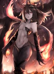 Rule 34 | 1girl, :o, bad id, bad pixiv id, bandages, bandaged arm, bandages, bare shoulders, black panties, breasts, bright pupils, brown hair, cleavage, collarbone, demon girl, demon horns, demon tail, fiery tail, fire, fire, hair between eyes, highres, horns, knee pads, long hair, motion blur, navel, open mouth, original, panties, pyrokinesis, red eyes, revealing clothes, skindentation, small breasts, snm (sunimi), solo, tail, toned, tsurime, underwear