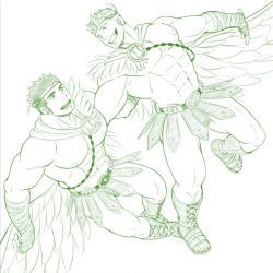 Rule 34 | 2boys, abs, alternate costume, ancient greek clothes, bara, couple, feathered wings, full body, greco-roman clothes, large pectorals, male focus, monochrome, multiple boys, muscular, pectorals, pollux (housamo), porkjinta, protagonist 3 (housamo), revealing clothes, short hair, simple background, smile, thick eyebrows, tokyo houkago summoners, topless male, wings, yaoi