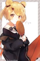 Rule 34 | 1girl, :3, animal ear fluff, animal ears, arknights, bad id, bad pixiv id, bear ears, black jacket, black shirt, black skirt, blonde hair, blush, candy, candy hair ornament, closed mouth, feet out of frame, food, food-themed hair ornament, frying pan, gummy (arknights), hair ornament, hairclip, holding, jacket, lollipop, long sleeves, looking at viewer, neckerchief, off shoulder, open clothes, open jacket, orange eyes, orange pantyhose, own hands together, pantyhose, puffy long sleeves, puffy sleeves, russian text, shirt, skirt, sleeves past wrists, smile, solo, swirl lollipop, toufu mentaru zabuton, twintails, white neckerchief
