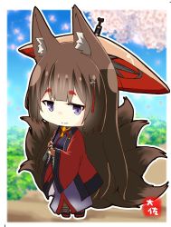 Rule 34 | 1girl, amagi (azur lane), animal ears, azur lane, black hair, blue sky, blurry, cherry blossoms, chibi, commentary request, depth of field, fox ears, fox girl, fox tail, grey eyes, hair ornament, holding, holding umbrella, japanese clothes, kitsune, kyuubi, long hair, long sleeves, looking at viewer, multiple tails, oil-paper umbrella, petals, signature, sky, smile, solo, tail, taisa (kari), thick eyebrows, translation request, tree, umbrella, wide sleeves