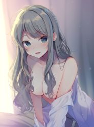 Rule 34 | 1girl, :d, ahoge, all fours, aqua eyes, artist request, bare shoulders, bed, blush, bottomless, breasts, cleavage, collarbone, commentary request, green eyes, grey hair, hair over breasts, highres, indoors, large breasts, long hair, long sleeves, looking at viewer, momoirone, off shoulder, open clothes, open mouth, open shirt, original, panties, shirt, sidelocks, smile, solo, standing, thighs, tongue, underwear, wavy hair, white panties, white shirt