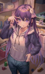 Rule 34 | 1girl, absurdres, blush, breasts, cleavage, closed mouth, commentary, cowboy shot, denim, hair between eyes, hair ornament, hand on own hip, highres, hood, hoodie, hoshino ai (oshi no ko), indoors, jeans, long hair, long sleeves, medium breasts, nail polish, oshi no ko, pants, purple eyes, purple hair, purple hoodie, purple nails, rabbit hair ornament, sidelocks, smile, solo, star-shaped pupils, star (symbol), star hair ornament, symbol-shaped pupils, tongue, tongue out, toy, two-tone hoodie, v, v over eye, very long hair, white hoodie, xia 0328