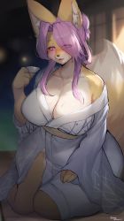 Rule 34 | 1girl, animal ear fluff, animal ears, blue kimono, blush, bow, breasts, brown fur, cleavage, collarbone, commission, cup, fox ears, fox girl, fox tail, furry, furry female, hair bow, hand on own thigh, highres, holding, holding cup, japanese clothes, kimono, large breasts, looking at viewer, obi, original, parted bangs, pink hair, purple eyes, sakazuki, sash, sitting, skeb commission, smile, solo, suurin (ksyaro), tail, wide hips