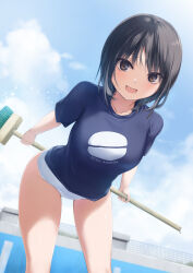 Rule 34 | 1girl, :d, aoyama sumika, black hair, black shirt, breasts, broom, brown eyes, coffee-kizoku, day, empty pool, highleg, highleg swimsuit, highres, holding, holding broom, leaning forward, looking at viewer, medium breasts, one-piece swimsuit, open mouth, original, outdoors, pool, shirt, short hair, short sleeves, smile, solo, swimsuit, swimsuit under clothes, white one-piece swimsuit
