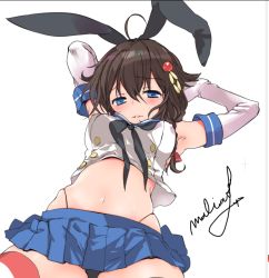 Rule 34 | ..., 1girl, ahoge, armpits, arms up, black hair, black hairband, black neckerchief, black panties, blue eyes, blue sailor collar, blue skirt, braid, cosplay, crop top, elbow gloves, from below, gloves, hair flaps, hair ornament, hair over shoulder, hairband, highleg, highleg panties, kantai collection, long hair, malino (dream maker), microskirt, miniskirt, neckerchief, panties, pleated skirt, sailor collar, shigure (kancolle), shimakaze (kancolle), shimakaze (kancolle) (cosplay), simple background, single braid, skirt, solo, spoken ellipsis, striped clothes, striped thighhighs, thighhighs, underwear, white background, white gloves