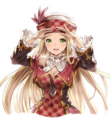 Rule 34 | 10s, 1girl, 77gl, arms up, bad id, bad pixiv id, blonde hair, bow, breasts, cleavage, cleavage cutout, clothing cutout, commentary request, diola (granblue fantasy), dress, frilled sleeves, frills, granblue fantasy, green eyes, hat, hat bow, large breasts, long hair, long sleeves, looking at viewer, open mouth, plaid, plaid shirt, shirt, simple background, smile, solo, upper body, very long hair, white background, wide sleeves