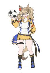 Rule 34 | 1girl, animal ears, ball, blonde hair, blue nails, braid, closed eyes, covered navel, cowboy shot, drawstring, ear piercing, earrings, fang, fukuro (maruaru00), genderswap, genderswap (mtf), hair between eyes, hand on own hip, highres, holding, holding ball, hood, hood down, horse ears, horse girl, horse tail, jewelry, medium hair, multicolored hair, one side up, open mouth, original, personification, piercing, short shorts, shorts, simple background, single earring, skin fang, soccer ball, soccer boy (racehorse), solo, stole, streaked hair, tail, thigh strap, umamusume, white background, white hair, yellow hood, yellow nails, yellow shorts, yellow stole