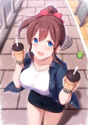 Rule 34 | 1girl, black skirt, blue eyes, blue shirt, blurry, breasts, brown hair, bubble tea, cai geng, chalkboard sign, chupacabra (idolmaster), collarbone, cup, depth of field, disposable cup, drinking straw, foreshortening, highres, holding, holding cup, idolmaster, idolmaster million live!, jacket, large breasts, long hair, miniskirt, open mouth, pavement, pencil skirt, ponytail, ribbon, road, satake minako, shirt, skirt, solo, street, t-shirt, tight skirt, white shirt