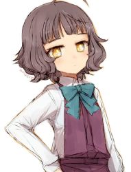 Rule 34 | 1girl, ahoge, alchera, blunt bangs, bow, brown eyes, brown hair, commentary request, dress, green bow, kantai collection, kishinami (kancolle), long sleeves, looking at viewer, purple dress, school uniform, shirt, short hair, simple background, solo, standing, upper body, wavy hair, white background, white shirt