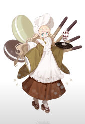 Rule 34 | 1girl, apron, back bow, blonde hair, blue eyes, bonnet, bow, bowtie, braid, brown footwear, chinese commentary, chocolate syrup, commentary request, cookie, eyelashes, food, full body, geta, glasses, gradient background, hakama, hakama skirt, highres, holding, holding tray, japanese clothes, kikumon, lace-trimmed apron, lace trim, layered sleeves, long hair, long skirt, long sleeves, looking at viewer, maid, okobo, original, parfait, pocky, red hakama, red skirt, sandals, single braid, skirt, sleeves past fingers, sleeves past wrists, socks, solo, sparkle, tabi, tray, unagi (nakaelric), very long hair, wa maid, watermark, wavy hair, weibo logo, weibo watermark, white apron, white background, white bow, white bowtie, white hair, white socks, wide sleeves, yellow sleeves