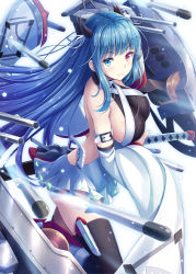 Rule 34 | 1girl, akashio (loli ace), arm belt, azur lane, backless dress, backless outfit, bare shoulders, belt, belt buckle, black thighhighs, blue eyes, blue hair, blush, breasts, buckle, closed mouth, commentary request, detached sleeves, dress, fighting stance, heterochromia, highres, ibuki (azur lane), katana, large breasts, long hair, long sleeves, looking at viewer, ready to draw, red eyes, sheath, sheathed, sideboob, skin tight, smile, solo, sword, thighhighs, torpedo, very long hair, weapon, white belt, white dress, wide sleeves