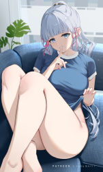 Rule 34 | 1girl, :d, absurdres, alternate costume, artist name, ayaka (genshin impact), barefoot, blue eyes, blue shirt, blunt bangs, bottomless, breasts, clothes lift, couch, crossed ankles, feet out of frame, genshin impact, grey hair, grin, hair ribbon, highres, indoors, knees up, large breasts, lifting own clothes, long hair, looking at viewer, mole, mole under eye, no panties, on couch, open mouth, parted lips, pink ribbon, ponytail, ribbon, rosumerii, shirt, shirt lift, short sleeves, sidelocks, smile, solo, thighs, very long hair