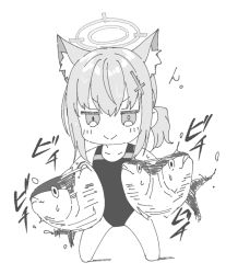 Rule 34 | 1girl, animal, animal ear fluff, animal ears, ataru (cha2batake), blue archive, chibi, closed mouth, cross hair ornament, extra ears, fish, greyscale, hair between eyes, hair ornament, hairclip, halo, holding, holding animal, holding fish, mismatched pupils, monochrome, ponytail, shiroko (blue archive), simple background, smile, smug, solo, tuna, white background, wolf ears, x hair ornament